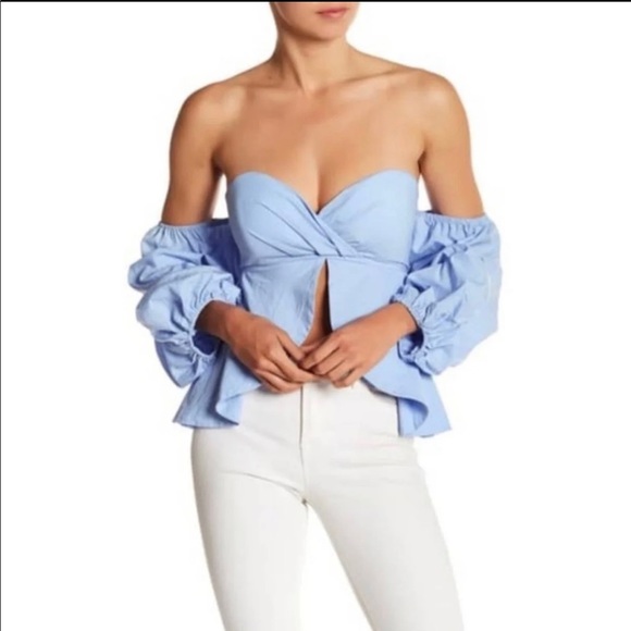WHITE EYELASH Blue Off The Shoulder Puff Sleeve Top Size M Excellent Condition - Picture 1 of 11